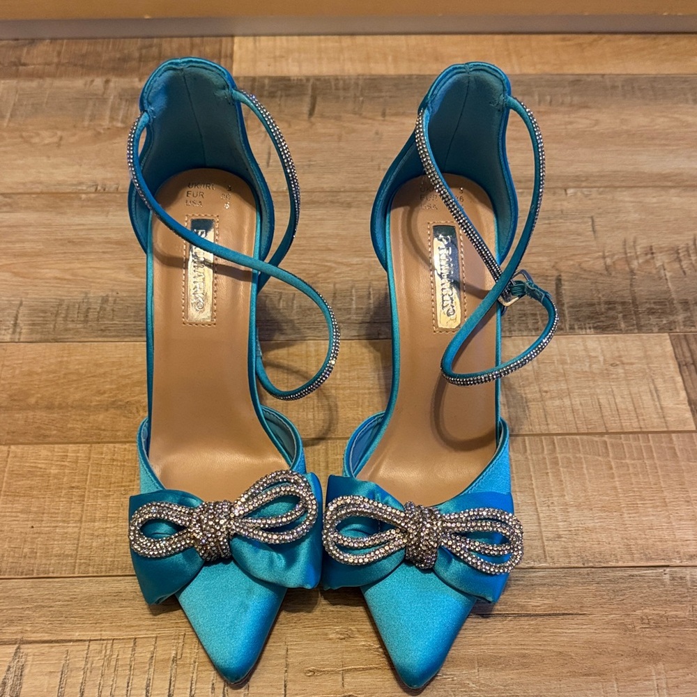 Primark Blue Satin Heels with Rhinestone Bow